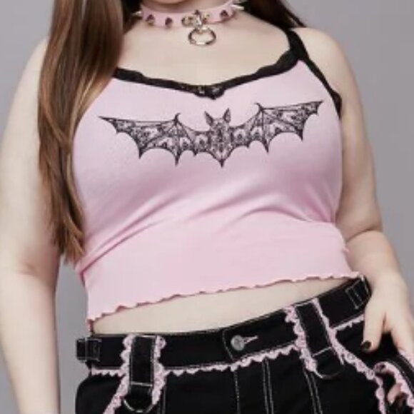 Dolls Kill Tops - WIDOW: Plus Flights of Fear Lace Camisole, Pink, [1X US WOMEN'S]